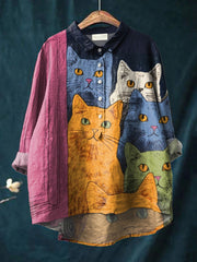 Women's Retro Door Back Door Cute Cats Print Casual Cotton And Linen Shirt