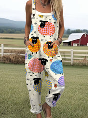 Women's Funny Sheep Art Print Casual Cotton Wide Leg Jumpsuit