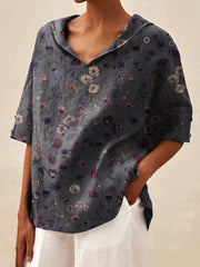 Women's Floral Art Print Casual Linen V-neck Shirt
