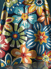 Vintage Lovely Floral Art Print Casual Cotton And Linen Shirt