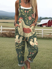 Women's Vintage Flower Funny Chicken Art Print Casual Wide Leg Jumpsuit