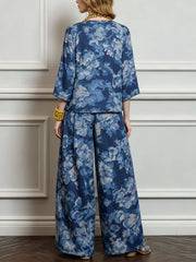 Women's Vintage-print Round-neck 3/4-sleeve Loose-fit Cotton-linen Top & High-waisted Wide-leg Pants Set