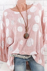 Polka Dot Print Round Neck 3/4 Sleeves Blouse