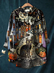 Women's Halloween Black Cat Art Print Casual Cotton And Linen Shirt