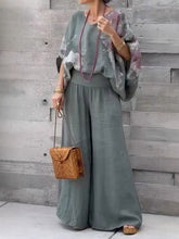 Women's Abstract Print Cotton Linen Set: V-neck Top & Wide Leg Pants