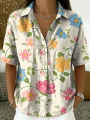 Women's Vintage Botanical Floral Casual Polo Collar Short-sleeved Linen And Cotton Shirt
