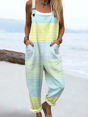 Women's Vintage Abstract Geometric Lines Art Print Casual Cotton Wide Leg Jumpsuit