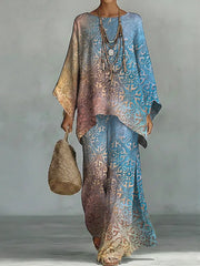 Women's Vintage Floral Art Comfortable Loose Cotton Linen Wide-leg Pants Two-piece Set