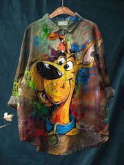 Women's Dog Art Print Casual Cotton And Linen Shirt