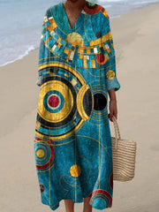 Women's Abstract Geometric Pattern Art Print Casual Cotton Linen Wide Leg Jumpsuit