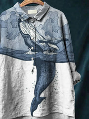 Women's Whale Print Casual Cotton And Linen Shirt