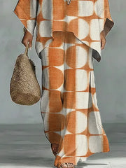 Women's Vintage Geometric Art Comfortable Loose Cotton Linen Wide-leg Pants Two-piece Set