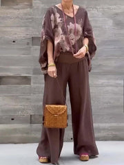 Women's V-neck Batwing Sleeves Abstract Positioning Print Loose Top Elastic Waist Cotton and Linen Wide Leg Pants Set
