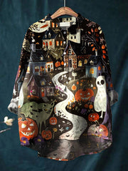 Women's Halloween Ghost Art Print Casual Cotton And Linen Shirt