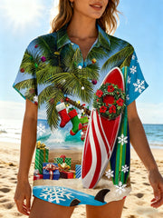 Women's Moisture-wicking Beach Vacation Coconut Tree Surfboard Chest Bag Hawaiian shirt