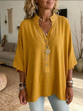 Women's Solid-color V-neck Short-sleeve Casual Loose Cotton-linen Top