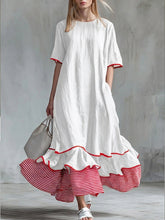 Women’s Patchwork Striped Midi Dress – Casual White Summer Dress