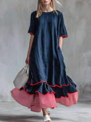 Women’s Patchwork Striped Midi Dress – Casual LightBlue Summer Dress
