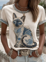 Women's Cowboy Cat Print Casual Tee