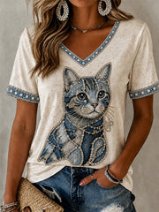 Women's Cowboy Cat Print Casual V-Neck Tee