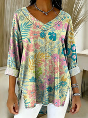 Women's Retro Gradient Flowers Floral Art Patterns Casual Washed Denim  Top