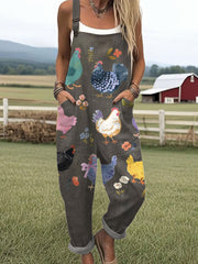 Women's  Vintage Flower Chick Art Print Casual  Wide Leg Jumpsuit