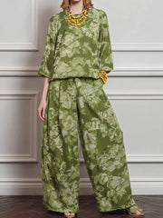 Women's Vintage-print Round-neck 3/4-sleeve Loose-fit Cotton-linen Top & High-waisted Wide-leg Pants Set