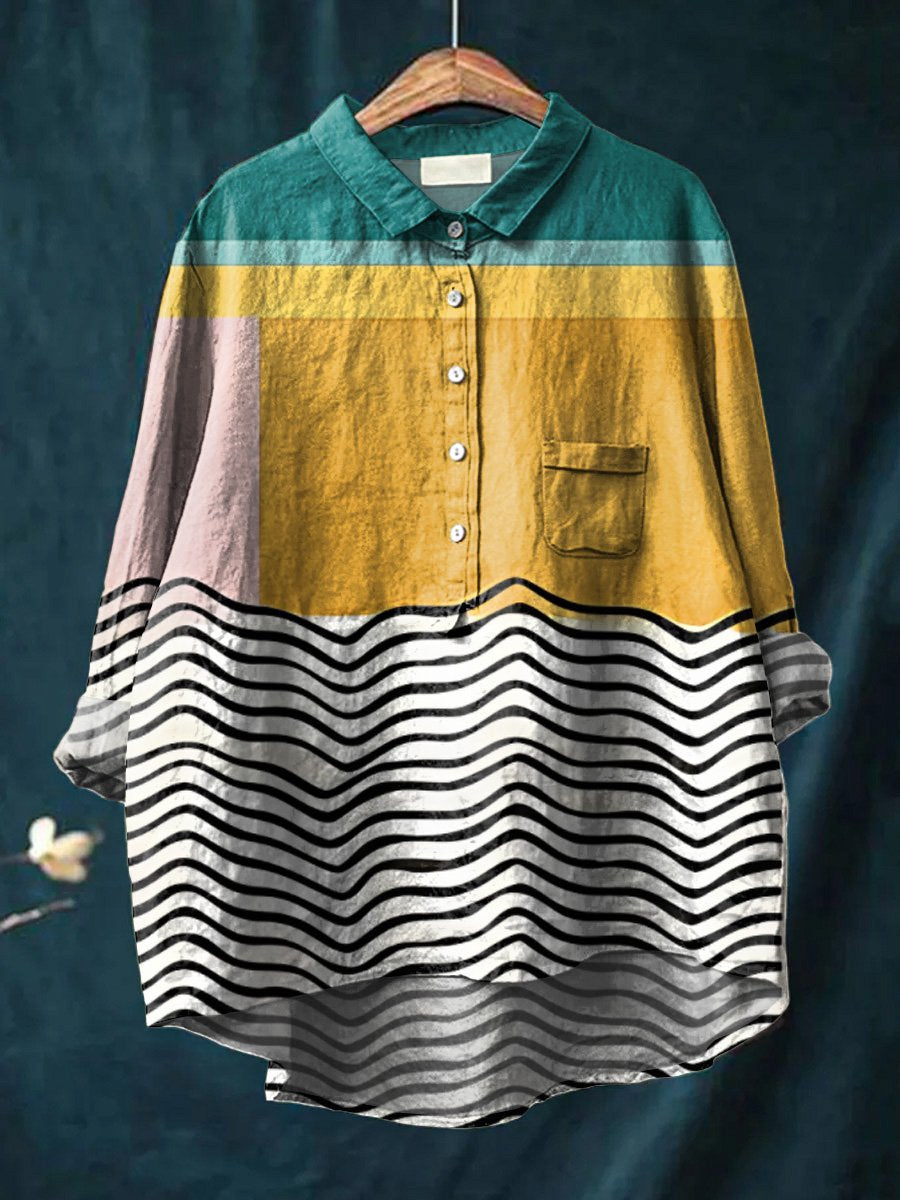 Women's Abstract Color Matching Shapes Art Print Casual Cotton And Linen Shirt