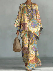 Women's Vintage Ethnic Floral Art Comfortable Loose Cotton Linen Wide-leg Pants Two-piece Set