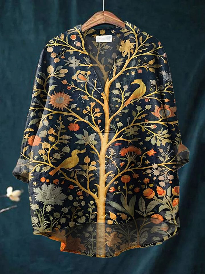 Women's Indian Art Tree Bird Floral Vintage Print Casual Cotton And Linen V-neck Shirt