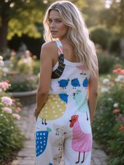 Women's  Vintage  Funny Chicken Art Print Casual Cotton Wide Leg Jumpsuit