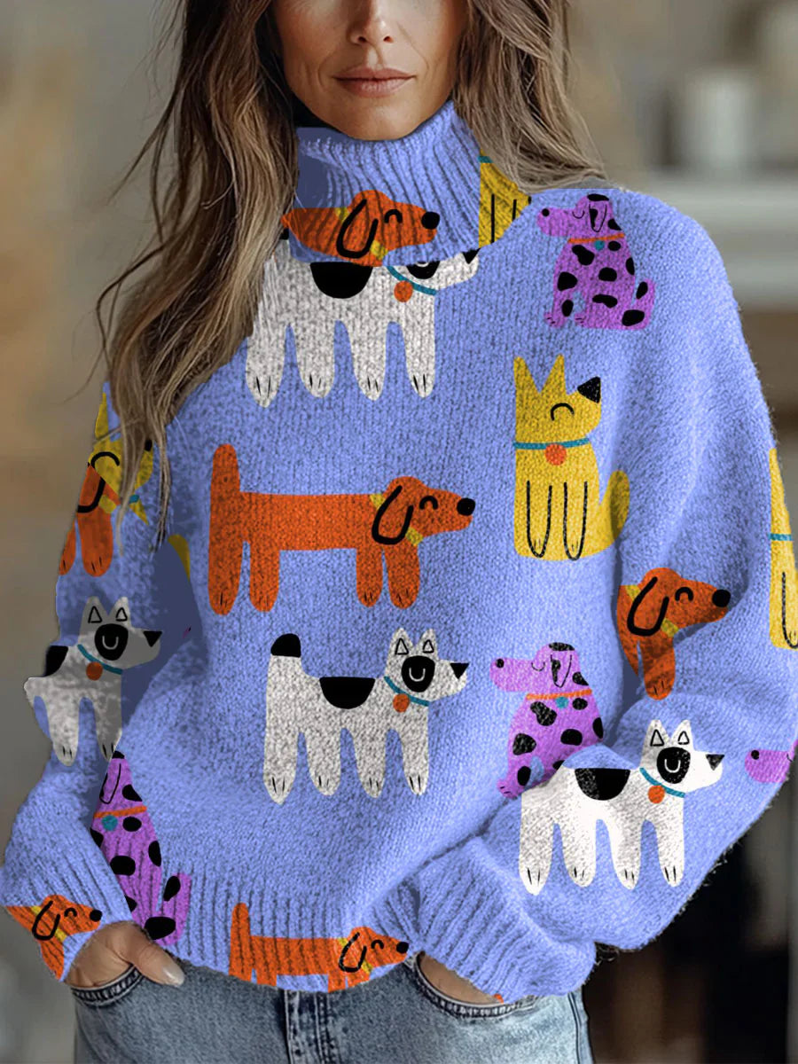 Funny Dogs Art Print Knit Turtleneck Pullover Sweater