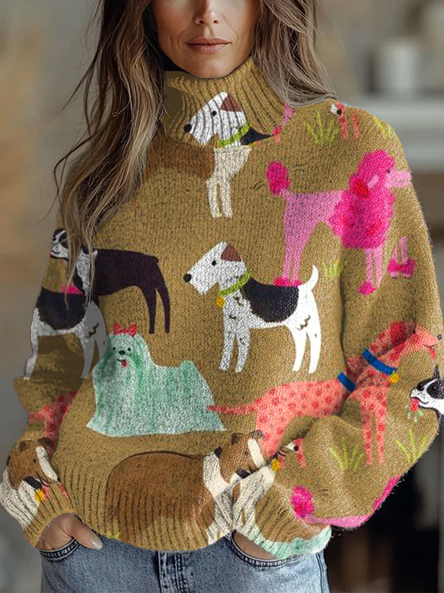 Funny Dogs Art Print Knit Turtleneck Pullover Sweater