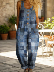 🔥Buy 2 Get 1 FREE – Code: 3FREE | Women's Vintage Patchwork Denim Print Casual Denim Jumpsuit