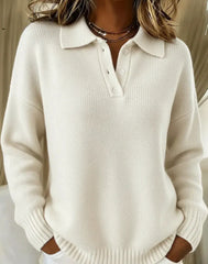Classic Polo Neck Button-Down Solid Color Sweater Top