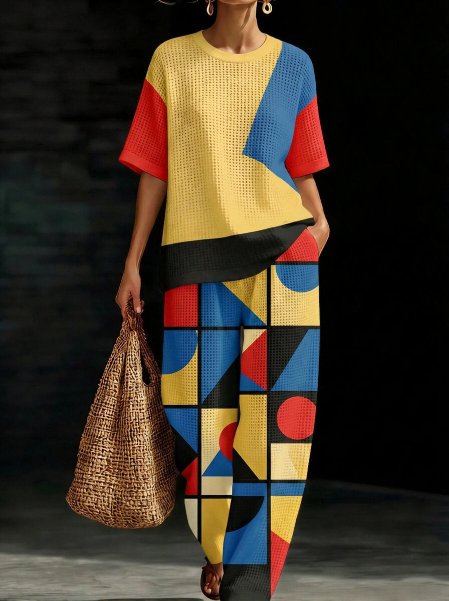 Womens Waffle Texture Geometric Color Block Two Piece Set