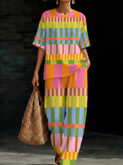 Womens Waffle Texture Colorful Stripe Two Piece Set