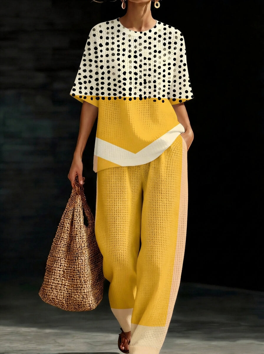 Womens Waffle Texture Polka Dot Color Block Two Piece Set