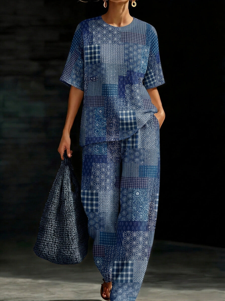 Womens Waffle Texture Blue Patchwork Two Piece Set