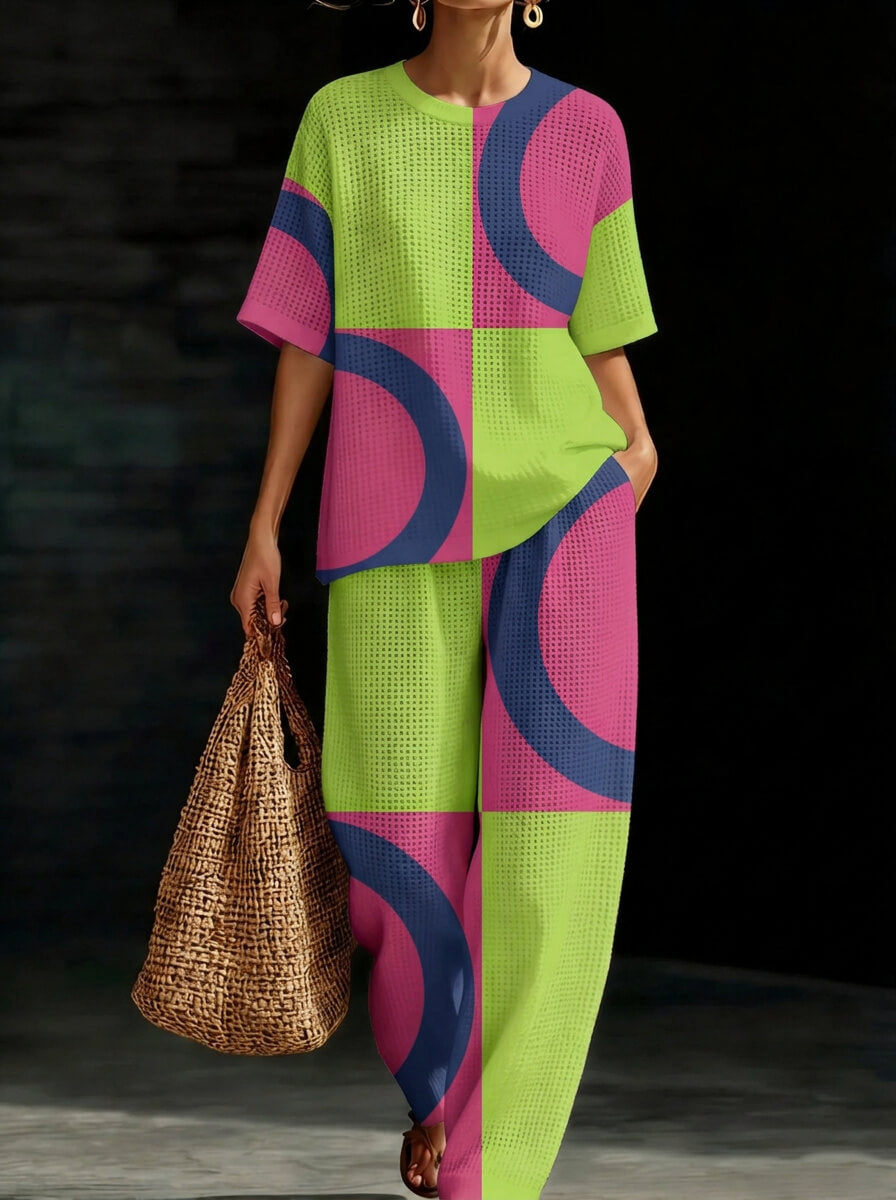 Womens Waffle Texture Neon Color Block Two Piece Set