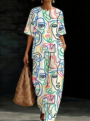 Womens Waffle Texture Abstract Face Print Two Piece Set
