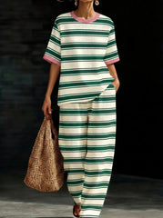 Womens Waffle Texture Green Stripe Two Piece Set
