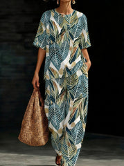 Womens Waffle Texture Tropical Leaf Print Two Piece Set