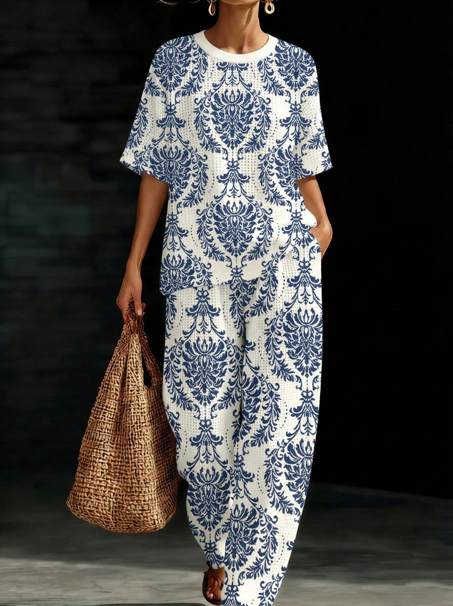 Womens Waffle Texture Blue Damask Print Two Piece Set