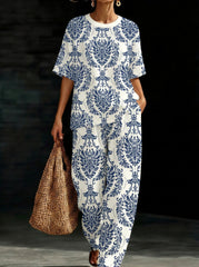 Womens Waffle Texture Blue Damask Print Two Piece Set