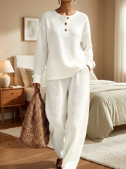 Womens Waffle Texture Henley Two Piece Set