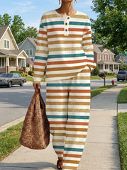 Womens Waffle Texture Multi Stripe Two Piece Set