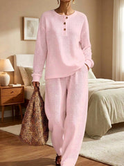 Womens Waffle Texture Henley Two Piece Set