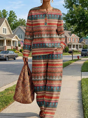 Womens Waffle Texture Boho Geometric Two Piece Set