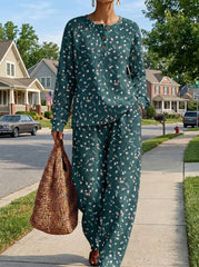 Womens Waffle Texture Green Ditsy Floral Two Piece Set